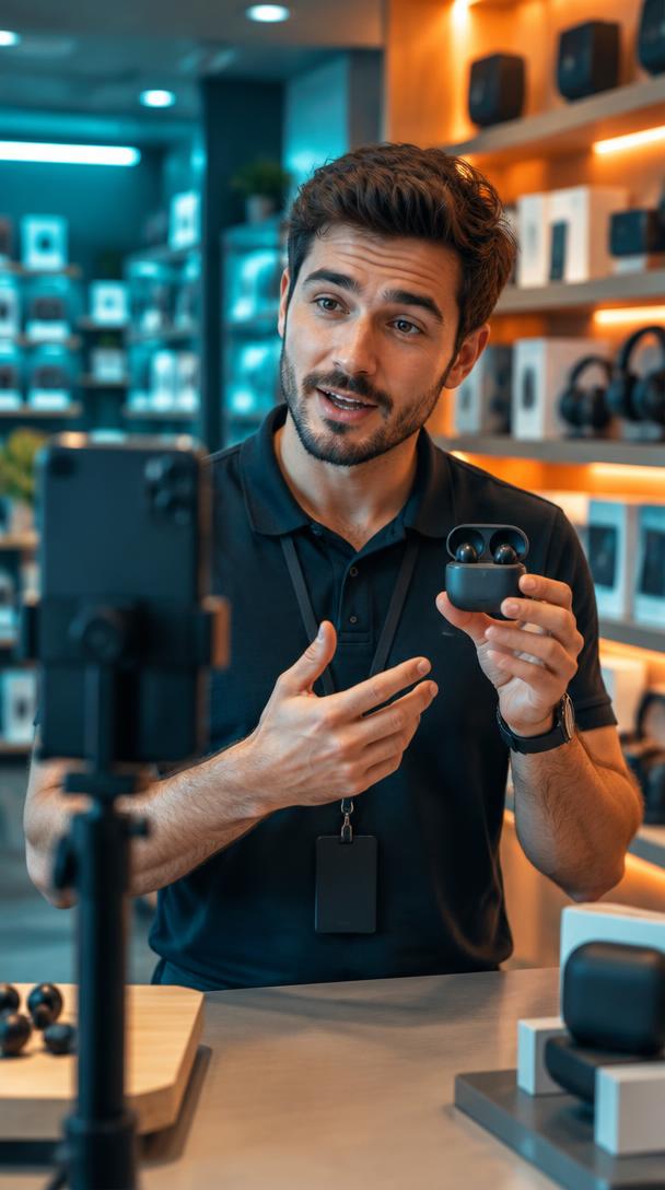 Vendedor demonstrando um produto para a câmera do celular